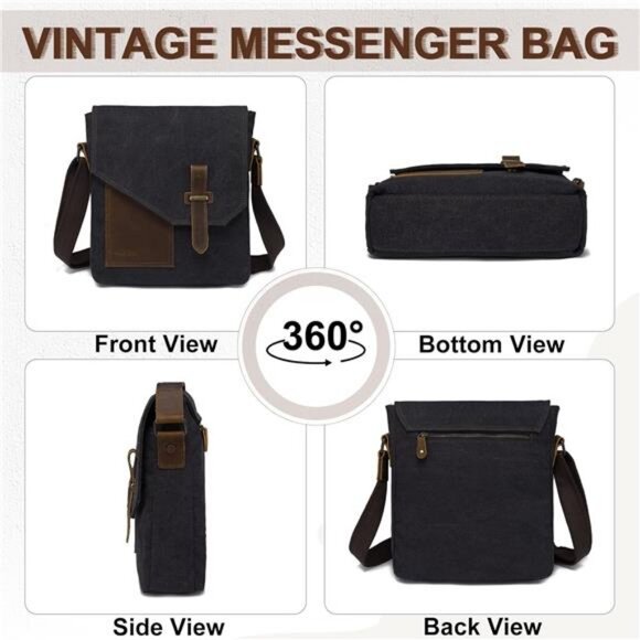 Small Messenger Bag, Vintage Canvas Leather Lightweight Crossbody Bag - Picture 5 of 7